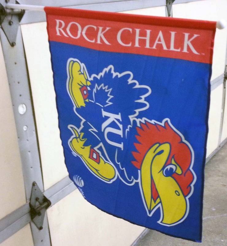 lot 1522-2 image: Rock Chalk Jayhawk show your colors car bar or porch KU Kansas University flag.