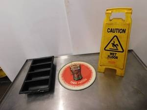 lot 4812 image: Silverware Caddy, Coke Sign and Wet Floor Sign