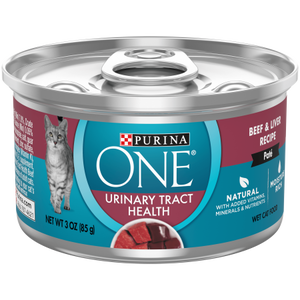 lot 23633 image: 24- 3oz. Cans Purina ONE Urinary Tract Health Natural Pate Wet Cat Food Urinary Tract Health Beef & Liver Recipe - 3 oz. Pull-Top Can