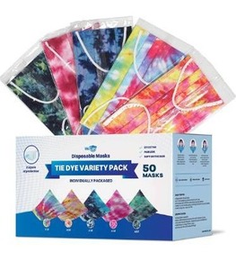 lot 23768 image: WeCare Disposable Face Mask Individually Wrapped - 50 Pack, Assorted Tie Dye Masks - 3 Ply
