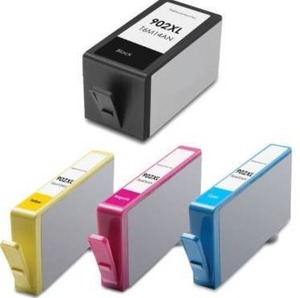 lot 23770 image: 4 Pack - Remanufactured Replacement for HP 902XL Ink Cartridge Set, Package Includes 1 Black, 1 Cyan, 1 Magenta a