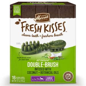 lot 23870 image: Merrick Fresh Kisses Grain-Free Coconut Oil & Botanicals Large Brush Dental Dog Treats, 16 Ct