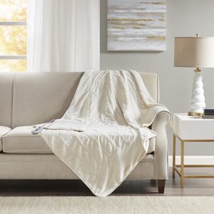 lot 23919 image: 50 x 62 Plush Electric Throw Blanket with Foot Pocket Ivory