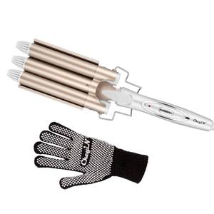 lot 23759 image: CkeyiN Three Barrel Curling Iron Wand With 1 Heat Resistant Glove, Professional Tourmaline Ceramic Fast Heating 1 Inch Hair Waver Curler for All Types of Hair (Gold)