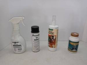 lot 1599 image: Lot Of 4 Assorted Pet Related Supplies Bottrr Yuck, Stool Deodorizer, Clean Cage Deodorizer, Mite Prevent