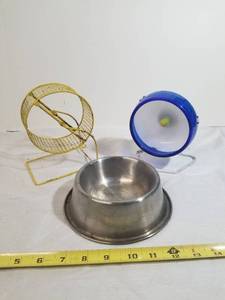 lot 2085 image: Lot of Two Used Rodent Wheels and One Small Used Water or Food Bowl.