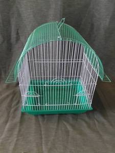 lot 4235 image: Small Metal Wire Bird Cage With Three Cage Doors And Plastic Base 13 X 9.5 X 17 - Green And White - Missing Removable Mess Tray