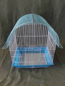 lot 4236 image: Small Metal Wire Bird Cage With Three Cage Doors And Plastic Base With Mess Tray For Easy Cleaning 13 X 9.5 X 17 - Blue And White