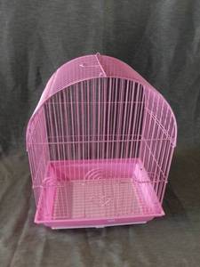 lot 4238 image: PINK Small Metal Wire Bird Cage With Three Cage Doors And Plastic Base With Mess Tray For Easy Cleaning