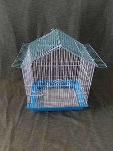 lot 4240 image: Small Metal Wire Bird Cage With Three Cage Doors And Plastic Base With Mess Tray For Easy Cleaning - Blue And White