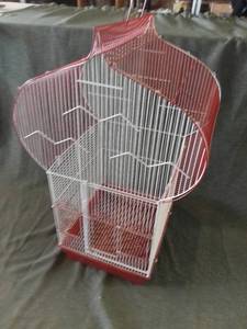 lot 4241 image: Large Persian Style Shaped Metal Wire BIRD CAGE 20 X 15 X 32 Removable Tray For Easy Cleaning - Red And White