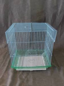 lot 4246 image: Blue And Green Small Metal Wire BIRD CAGE - 3 Cage Doors - Removable Tray For Easy Cleaning 13 X 9.5 X 15.5