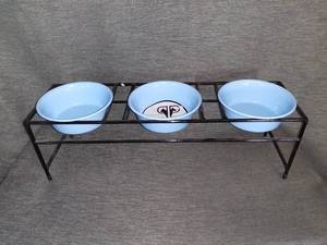 lot 4250 image: Platinum Pets Coated Stainless Steel Dishwasher Safe Will Not Chip Feeding Station - 3 Light Blue Bowls With Black Rod Iron Stand