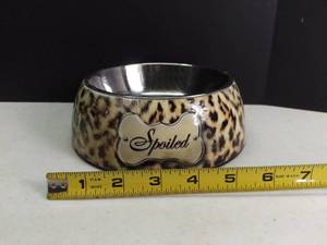 lot 5088 image: Small Leopard Print Spoiled Metal Dog Bowl