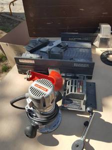 lot 3120 image: Craftsman router & accessories, no legs for table and wood toy box in need of repair