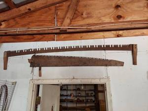 lot 6118 image: 2 Vintage Saws - 2 Man and Other is Missing Handle