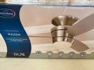 lot 5522 image: Harbor Breeze Mazon 44-in Brushed Nickel LED Flush Mount Ceiling Fan with Remote