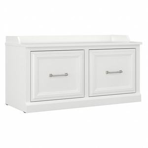 lot 4244 image: kathy ireland Home by Bush Furniture Woodland 40W Shoe Storage Bench With Doors, White Ash