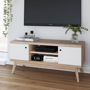 lot 4248 image: Living Skog Mid-century MDF TV Stand for Tvs up to 50 inches Beige- Retail$117.49