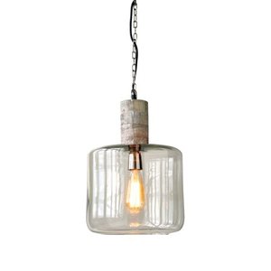 lot 4267 image: Round Clear Glass & Mango Wood Hanging Pendant Light - Natural- Retail$143.99