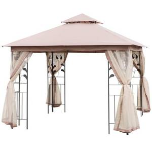 lot 4365 image: Outsunny 10 x 10 Steel Fabric Rectangle Outdoor Gazebo with Mesh Curtain Sidewalls & 2-Tiered Vented Canopy Top, Brown- Retail$327.99