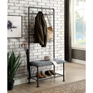 lot 4413 image: Furniture of America Revo Industrial Black Metal Coat Rack Bench- Retail$224.99