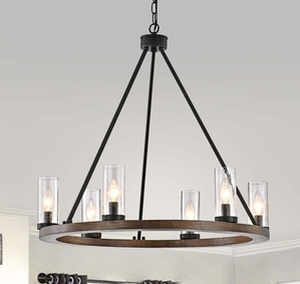 lot 4195 image: Daniela Natural Wood and Antique Black Metal Bubble Glass Chandelier- Retail$166.99