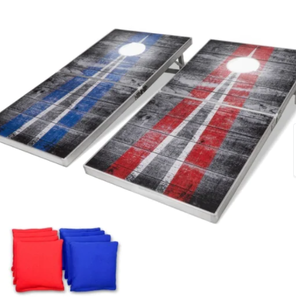 lot 4201 image: GoSports LED Rustic Design Cornhole Set, Regulation Size Bean Bag Toss Game Set - Foldable Design- Retail$129.99