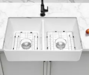 lot 4265 image: 32-inch Double Basin Farmhouse Kitchen Sink with Grids and Drains- Retail$403.99