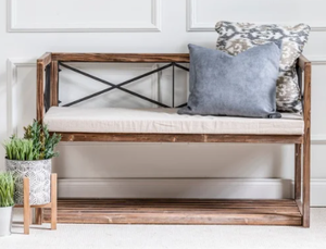 lot 4269 image: Meredith 49W Fir Wood, Oatmeal Linen Upholstery and Black Metal Bench - 49.25W x 30H x 22D- Retail$277.99