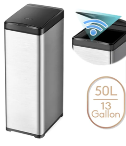 lot 4343 image: 13 Gallon Automatic Trash Can Stainless Steel Touchless Motion Sensor Bin Soft Close Lid 50L LED Timer Compact Design- Retail$99.49