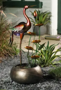 lot 4348 image: Metal Crane and Flowers Outdoor Resin Fountain with Solar Light- Retail$312.99