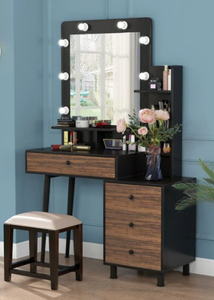 lot 4362 image: Vanity Makeup Table with Lighted Mirror and 3-Drawer Chest- Retail$296.49