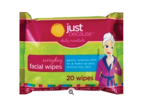lot 87643 image: Just Because, 20 Count, Premoistened Facial Wipe