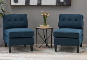 lot 202 image: Pair of Dark Blue Armless Chairs with Wood Legs by Noble House Furnishings (Note Stock Photo NOT an Exact Representation of Item)