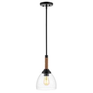 lot 14920 image: Alys 7.63 Adjustable Iron Rope-Wrap Modern Rustic IronGlass LED Kitchen Pendant, Black by JONATHAN Y