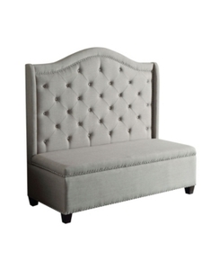 lot 14951 image: Fairly Beige FabricRubberwood Storage Settee- Retail$506.49
