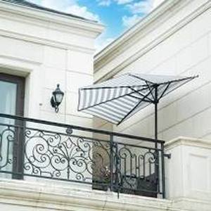 lot 14924 image: 9 Sutton Half Round All-Weather Crank Patio Umbrella- Retail$87.99 gray and white stripe