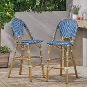 lot 14937 image: Kinner Outdoor Aluminum French Barstools set of 2 by Christopher Knight Home - 18.00 L x 23.75 W x 46.00 H- navy blue and white bamboo print finish
