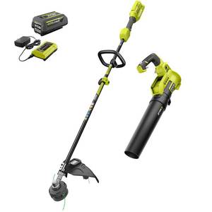 lot 2685 image: RYOBI 40-Volt Cordless Lithium-Ion Attachment Capable String Trimmer and Blower Combo Kit (2-Tools) 4.0 Ah Battery and Charger. RETAILS$229