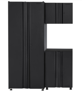 lot 26600 image: Husky Regular Duty Welded 54 in. W x 75 in. H x 19 in. D Steel Garage Cabinet Set in Black (3-pc), matte black power coating Retail $489
