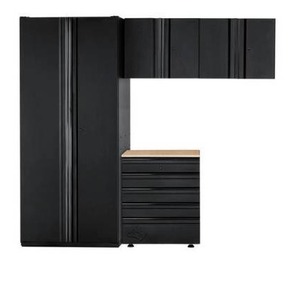 lot 26601 image: Husky Heavy Duty Welded 92 in. W x 81 in. H x 24 in. D Steel Garage Cabinet Set in Black (4-pc) $1084.99