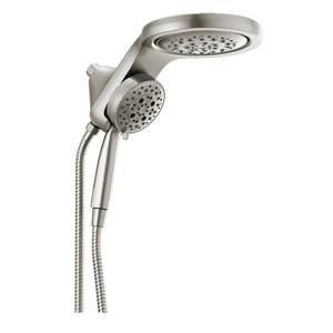 lot 34844 image: Delta HydroRain Two-in-One 5-Spray 6 in. Dual Wall Mount Fixed and Handheld H2Okinetic Shower Head in Stainless, Silver