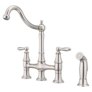 lot 34903 image: Pfister Courant Two Handle Bridge Kitchen Faucet with Side Spray in Stainless Steel, Silver