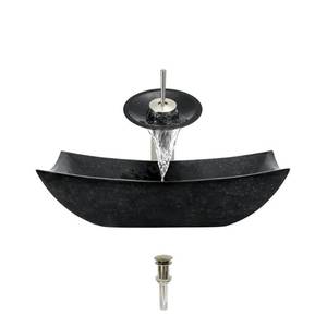 lot 8950 image: MR Direct 860 Honed Basalt Vessel Sink Ensemble with Brushed Nickel finish Waterfall faucet, pop-up drain, and sink ring