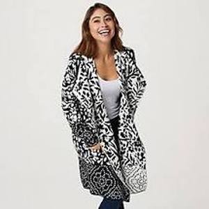 lot 56509 image: Isaac Mizrahi Live Floral Jacquard Cascade Front Cardigan (Black, X-Large)