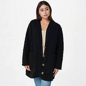lot 56512 image: Koolaburra by UGG Cozy Sherpa Cardigan Plush with Rib Trim (Black, Large)