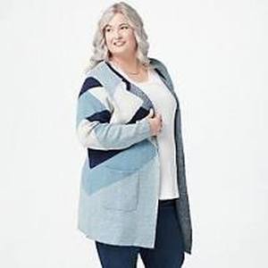 lot 56515 image: Denim & Co. Regular Jacquard Open Front Cardigan with Pockets (Navy, Small)