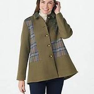 lot 56517 image: LOGO Lavish by Lori Goldstein Coat with Plaid Panels & Mesh (Dark Fern, Size 3X)