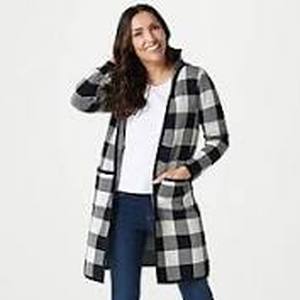 lot 56519 image: Denim & Co. Regular Jacquard Open Front Hood Cardigan (BlackNatural, Medium)